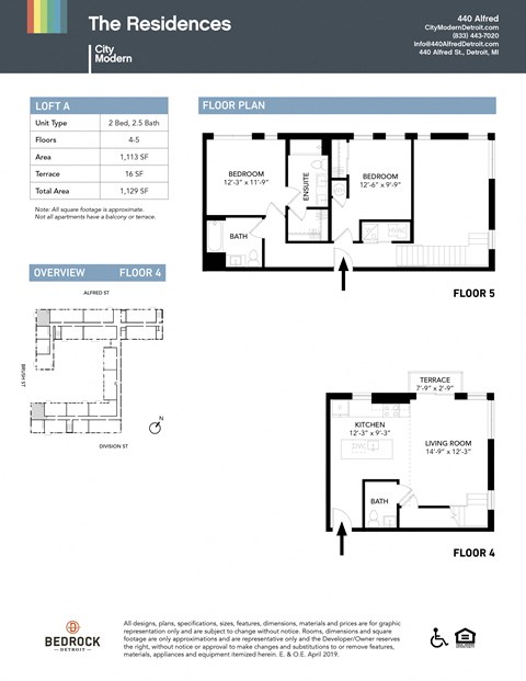 Floor plan for 2 beds, 2.5 baths, 1113 sqft